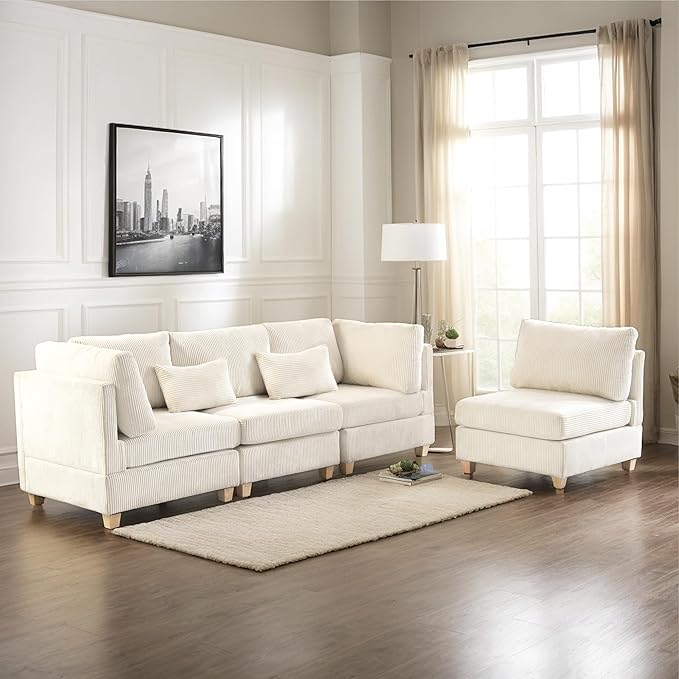 126" Convertible L-Shaped Modular Sectional Sofa, 4 Seater Corduroy Upholstered - Image 4