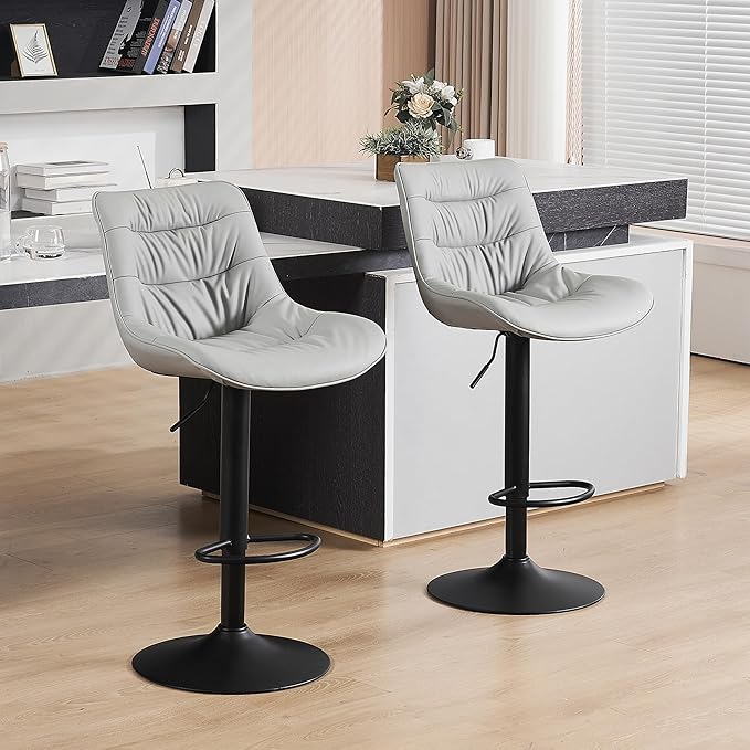 Kidol & Shellder Bar Stools Set of 2 Adjustable Swivel Gray, PU Leather - Image 8