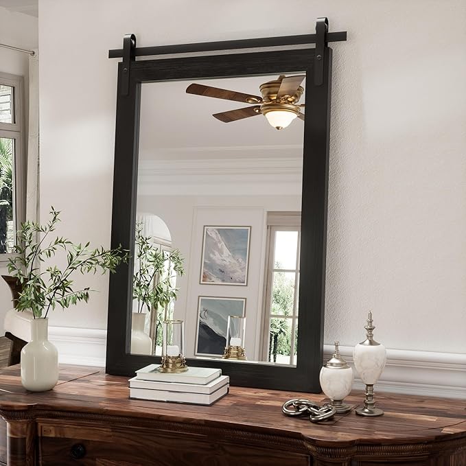 Black Farmhouse Mirror for Wall, 18x26INCH Wood Framed Square Bathroom Mirrors by PAIHOME