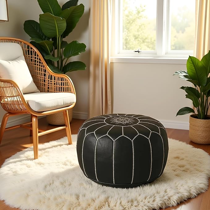 Stuffed Round Design Moroccan Leather Pouf Ottoman, Pre-Filled, 100% Genuine - Image 2