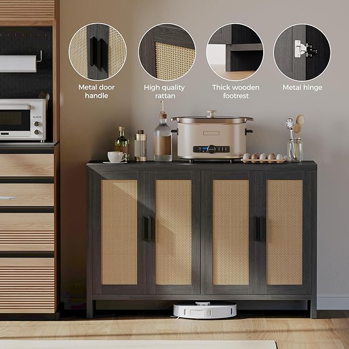 Rattan Buffet Cabinet with Storage, Sideboard with Doors, TV Stand, Farmhouse - Image 4