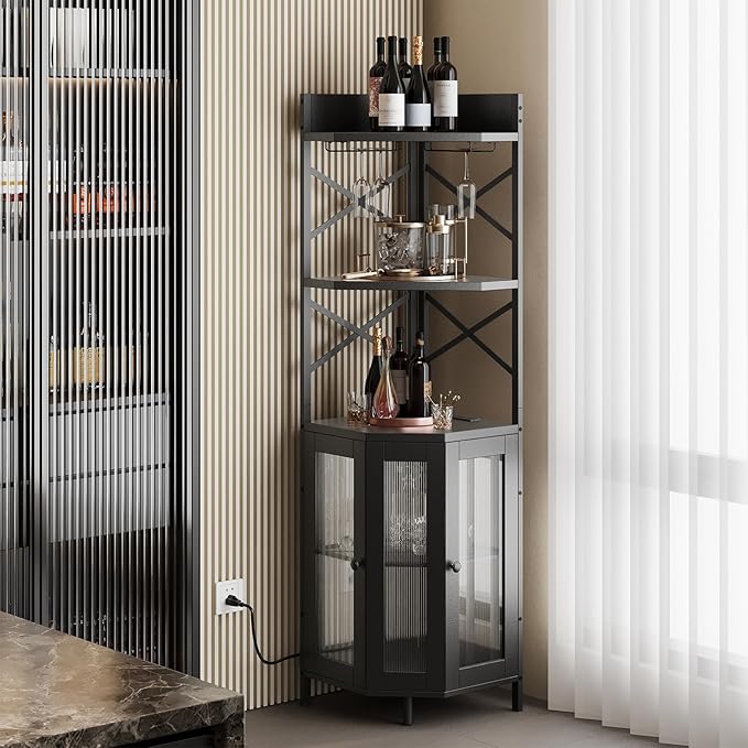 Corner Bar Cabinet with Power Outlet, 5-Tier Corner Wine Cabinet with Led Strip - Image 8