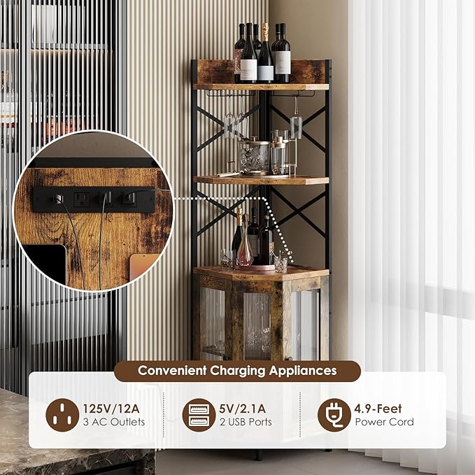 Corner Bar Cabinet with Power Outlet, 5-Tier Corner Wine Cabinet with Led Strip - Image 4