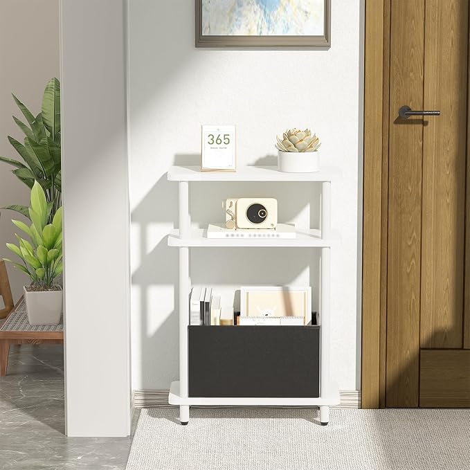 Narrow Side Table with Fabric Basket, 3 Tier Skinny End Table with Wood Legs - Image 2