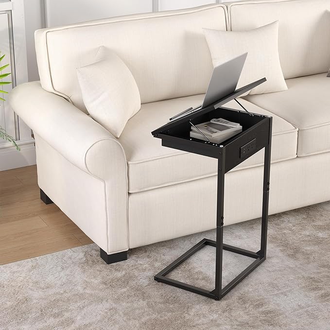 C Shaped End Table with Charging Station, 45° Tiltable Adjustable Flip Top Side - Image 2