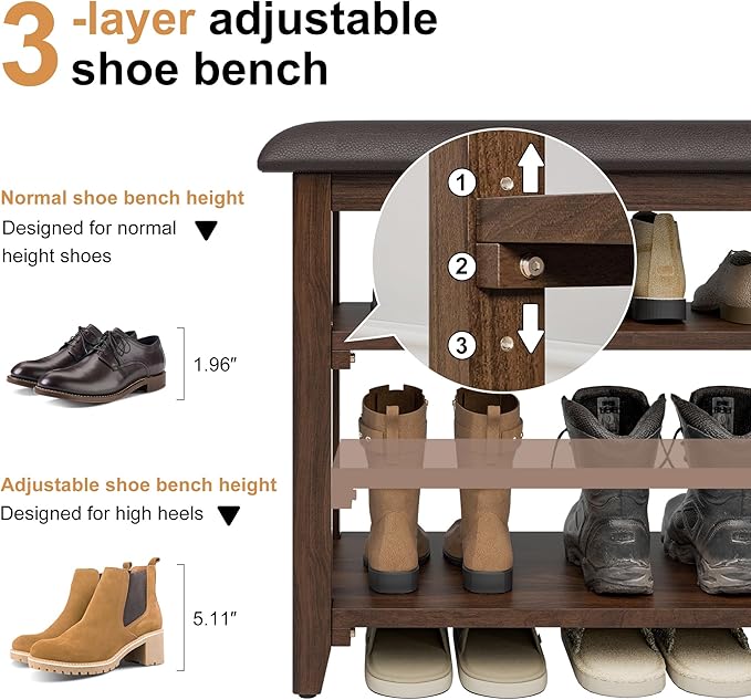 Wooden Shoe Bench Storage with Leather Cushion, Rustic Solid Wood Entryway - Image 6