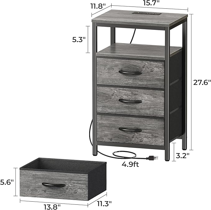 Huuger Nightstand with Charging Station, 27.6 Inch End Table Bedside Table with - Image 2