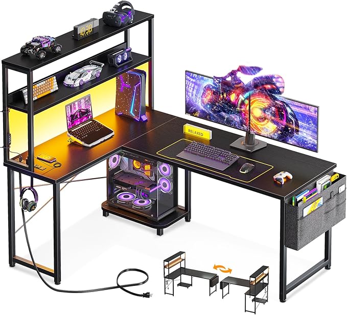 ODK 53 Inch L Shaped Desk with LED Lighting, Reversible Gaming Desk with Power by ODK