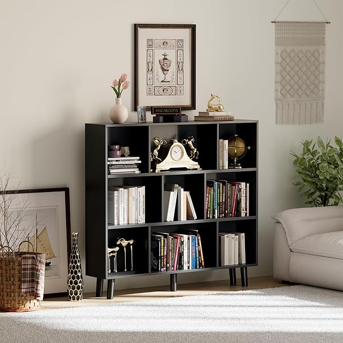 YESHOMY 9 Black Cube Bookcase, Open Frame 3-Tier Book Shelf, Bookshelf Storage - Image 4