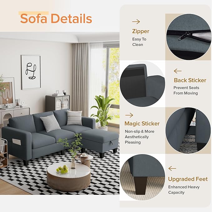 ZeeFu Convertible Sectional Sofa Couch, Classic 3 Seat L-Shaped Sofa - Image 6