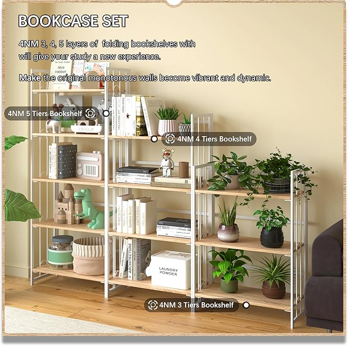 4NM No Assembly 3 Tiers Folding Bookshelf - Image 5