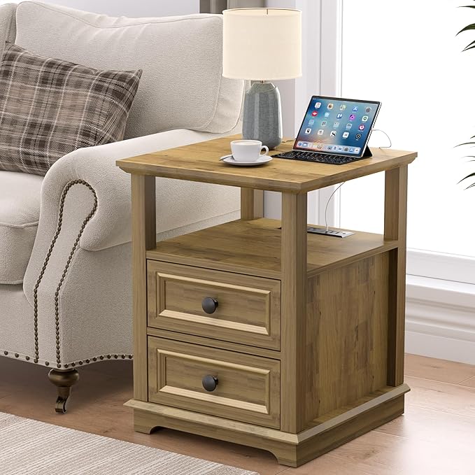 End Table with Fast USB C Charging Station, Large Storage Rustic Wood Square by Alwaysreadyforyou