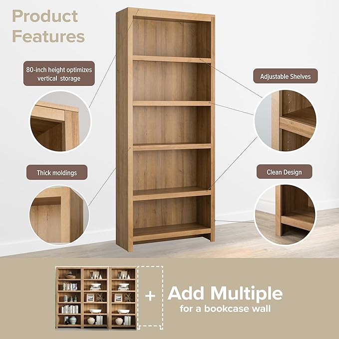 Prepac Moda 5-Tier Tall Wooden Bookcase, Oak Storage Cabinet, Display Cabinet - Image 5