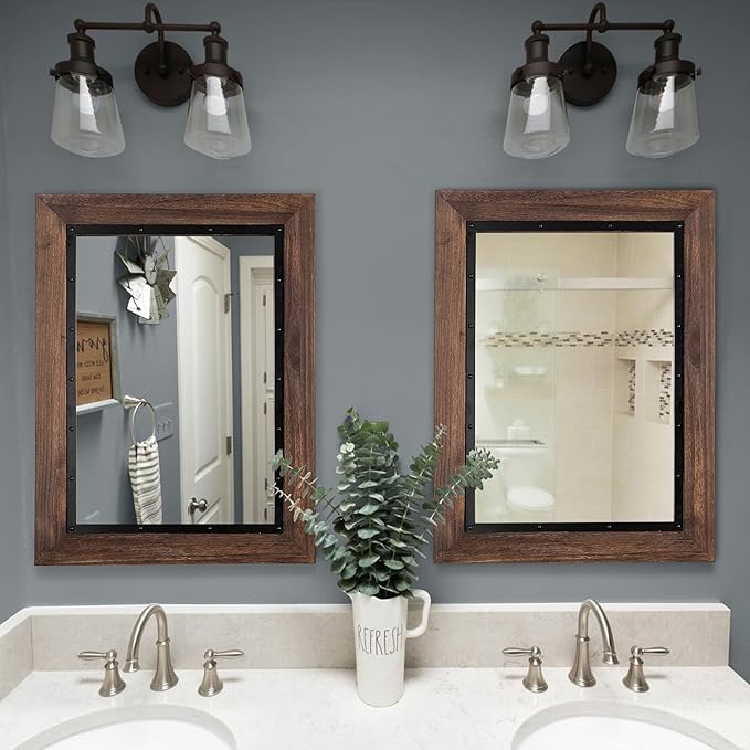 YOSHOOT Rustic Wooden Framed Wall Mirror, Natural Wood and Iron Bathroom Vanity - Image 5