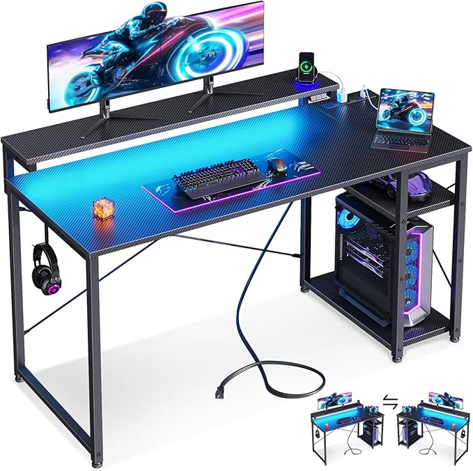MOTPK 48 Inch Gaming Desk with Storage & Led Lights, Computer Desk with Power by MOTPK