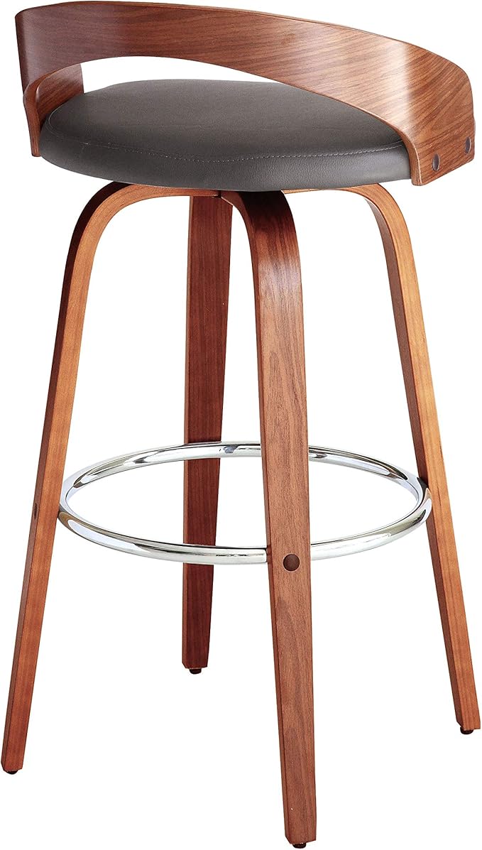 Armen Living Sonia 30" Bar Height Swivel Gray Faux Leather and Walnut Wood Bar - Image 8