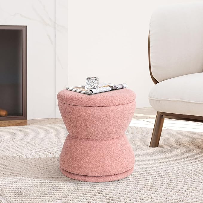 Round Ottoman with Storage, 360° Swivel Boucle Ottoman Vanity Stool, - Image 8