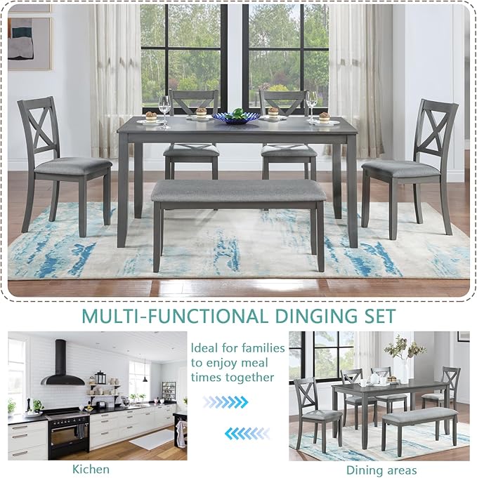 soges 6 Piece Kitchen Dining Set, Rectangular Wooden Dining Table - Image 3