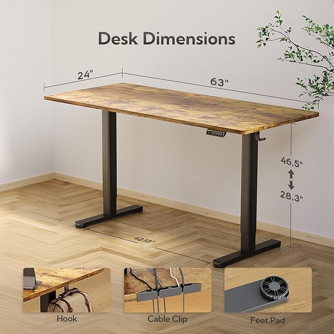 Claiks Electric Standing Desk, Adjustable Height Stand up Desk, 63x24 Inches - Image 3