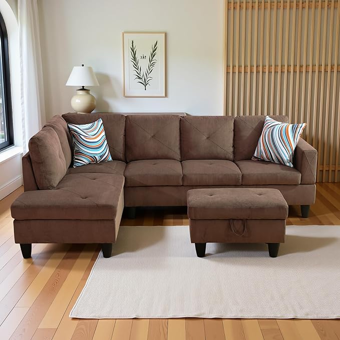 L Shaped Couch Modern Sectional Couch Upholstered Sackcloth Fabric 3 Pieces - Image 4