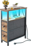 TIQLAB End Table with Charging Station, Narrow Side Table with 2 Fabric Drawers by TIQLAB
