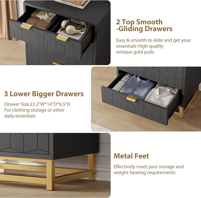GAOMON Black 5 Drawer Dresser for Bedroom, Chest of Drawers - Image 6