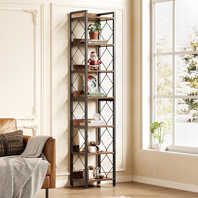 LITTLE TREE Corner Book Shelf, 78.7" Tall Narrow Bookcase, 7-Tier Skinny Wooden - Image 5