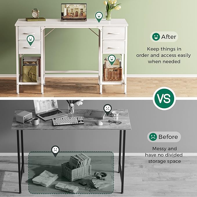 Huuger 47 Inch White Desk with 4 Drawers, Vanity Desk with Mesh Shelf, Study - Image 5