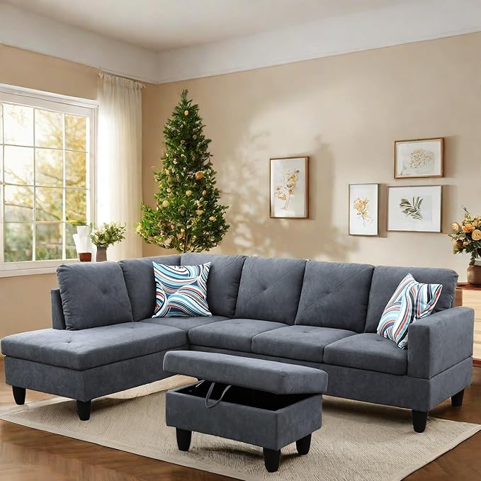 L Shaped Sectional Couch with Otttoman, Apartments, Dark Grey - Image 5