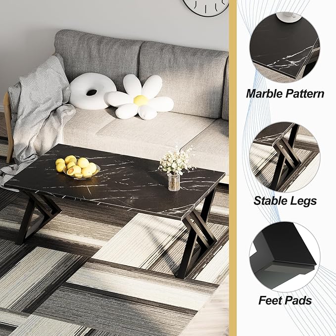 Coffee Table Living Room Table Black Center Table, Simple Modern Faux Marble - Image 8