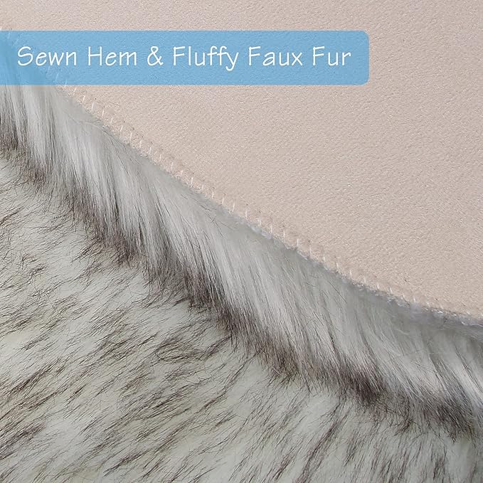 duduta White Black Faux Sheepskin Round Rug 4x4 ft, Fluffy Shag Fur Bedroom - Image 3