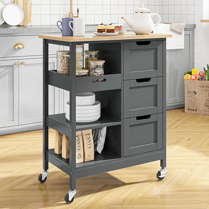 YITAHOME Small Solid Wood Top Kitchen Island Cart on Wheels by YITAHOME