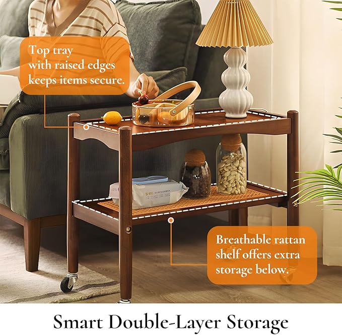 Rattan Side Table with Wheels, Small End Table with Storage, Narrow Wooden Bed - Image 4