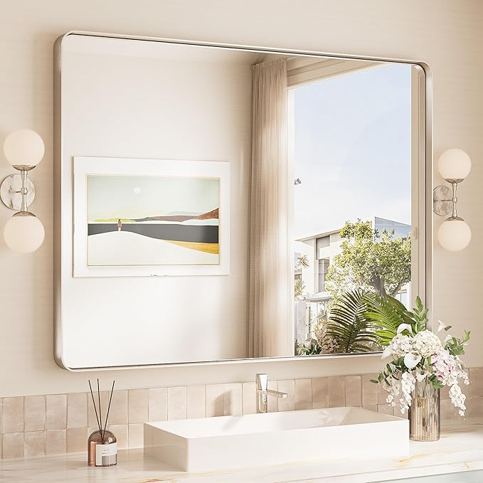TokeShimi 48x36 Brushed Nickel Bathroom Wall Mirror Vanity Metal Frame Round by RefinedBathroomAccessories