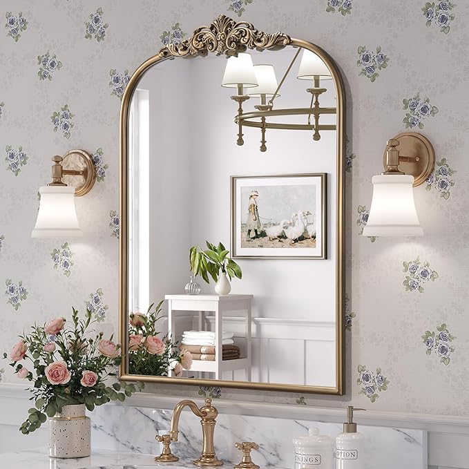Antique Baroque Gold Mirror, 24” x 36” Vintage Vanity Mirror by Brauthon