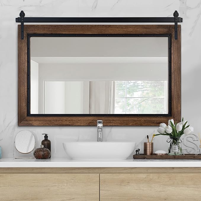 YOSHOOT Farmhouse Barn Door Mirror, Wood Frame Wall Mirror, Wooden Mirror by YOSHOOT
