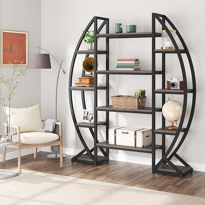 Tribesigns Oval Bookshelf, Triple Wide 5 Tier Etagere Bookcases, Industrial - Image 5
