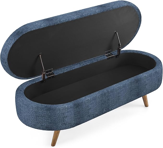 Oval Storage Bench 43.5" Linen Fabric Upholstered Entryway Bench - Image 5