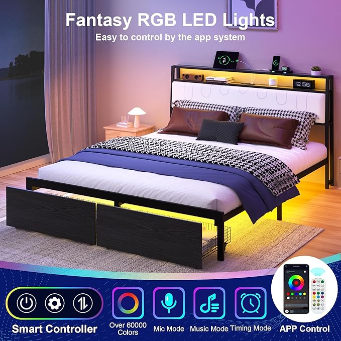 Queen Bed Frame with Storage Headboard, Metal Platform Bed Frame with LED - Image 4