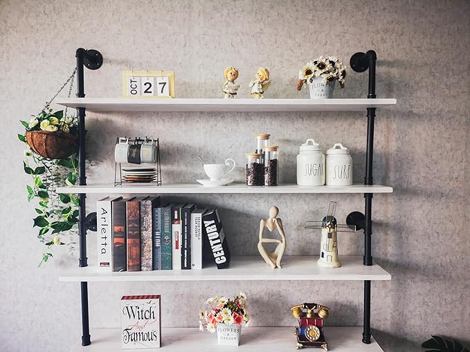 Pipe Industrial Ladder Shelves Bookcase, Wall Mounted Retro Wood Metal Pipe - Image 6
