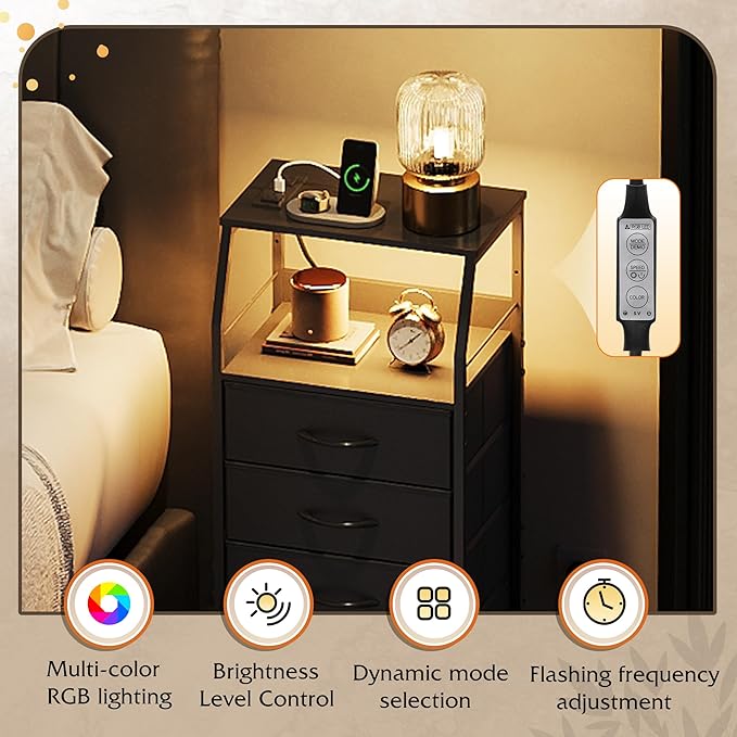 WLIVE Night Stand with Charger Station, LED Nightstand with 4 Fabric Drawers - Image 4