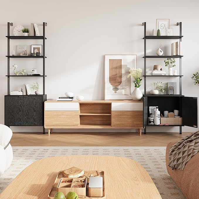 74" Tall Bookshelf with Storage Cabinet, Modern Ladder Shelf with Wood and - Image 6