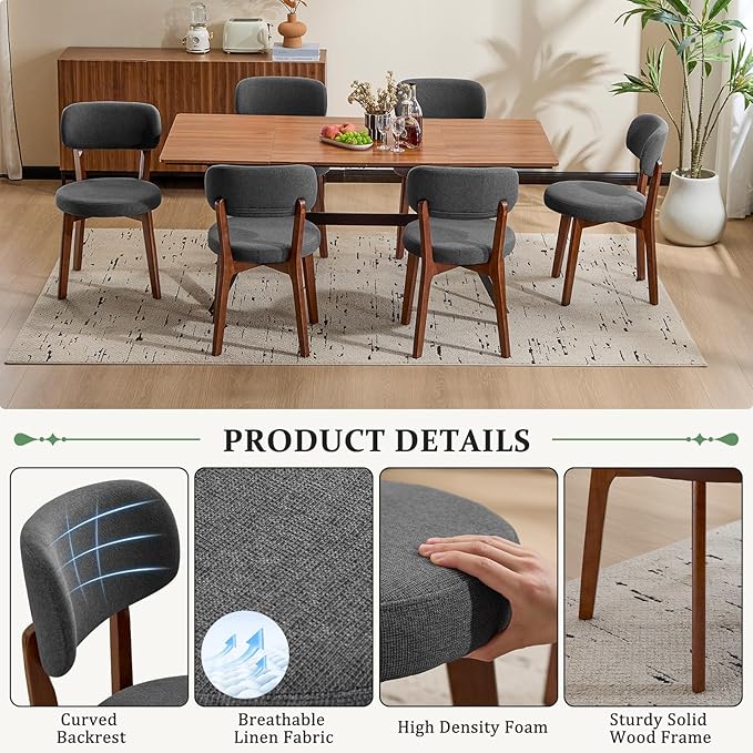 Furniliving Wooden Dining Chairs Set of 6, Mid-Century Modern Linen Upholstered - Image 6
