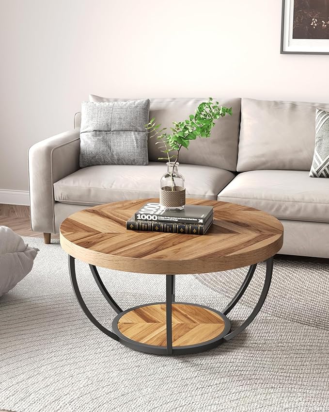 LITTLE TREE Round Coffee Table, 2-Tier Wood Accent Center Table - Image 2