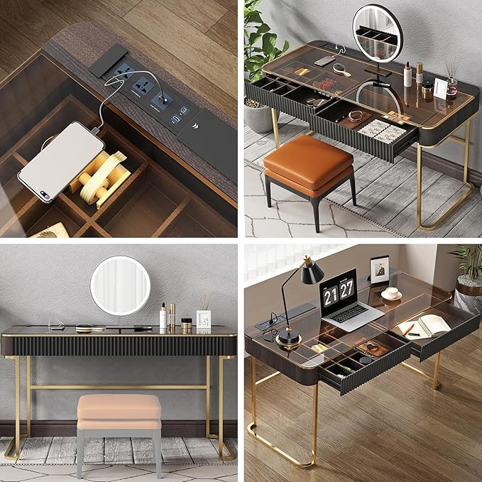 Lartis Modern Office Desk with Drawers, Glass Top Makeup Vanity Without Mirror - Image 7
