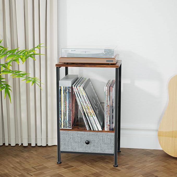 Record Player Stand with Vinyl Storage, 2-Tier Record Shelf Table with Fabric - Image 5