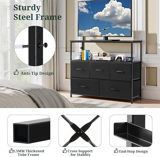 TV Stand, 5 Fabric Drawers Dresser Entertainment Center - Image 5