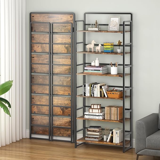 4NM No-Assembly 6 Tiers Folding Bookshelf Storage Shelves Vintage Bookcase - Image 2