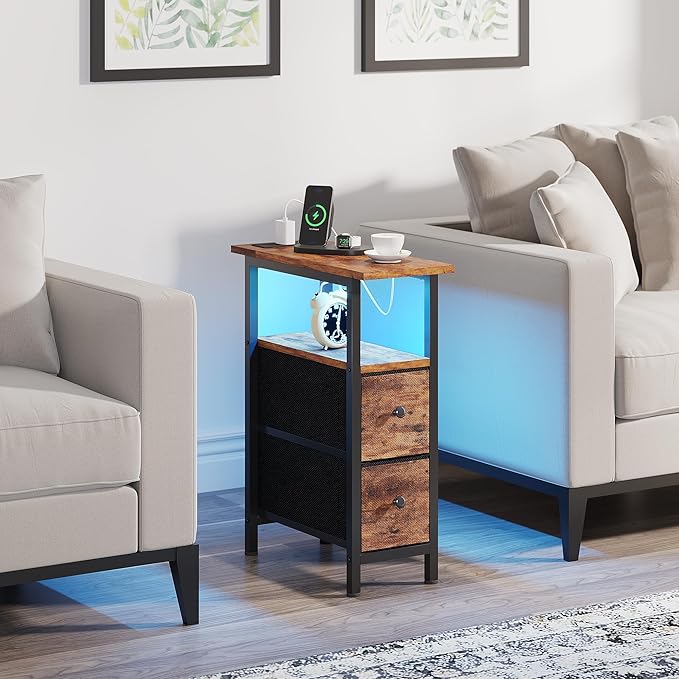 End Table with Charging Station, Narrow Side Table with 2 Fabric Drawers - Image 8