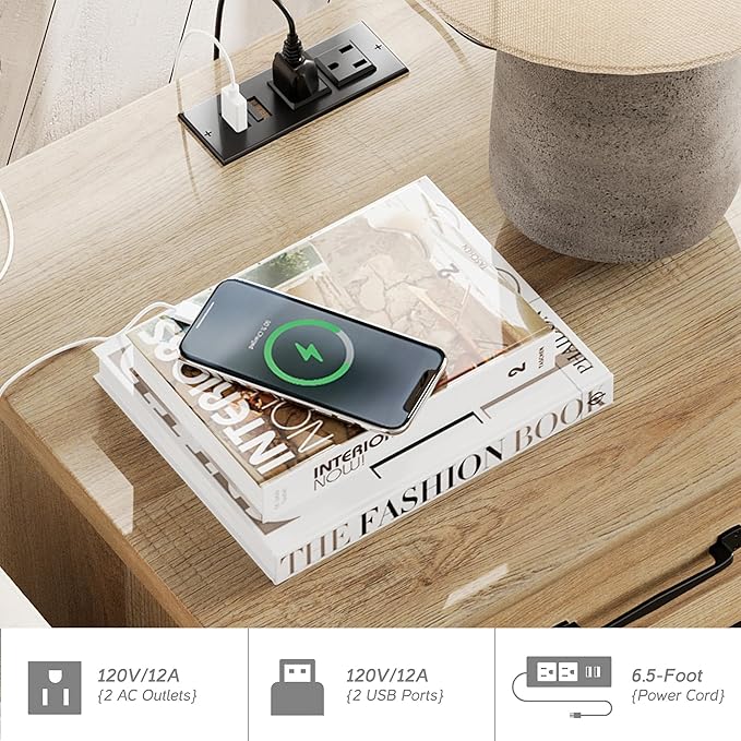 WAMPAT End Table with Charging Station, Wood Side Table with Drawer and Storage - Image 5